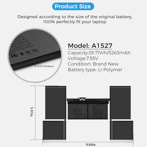 Image of A1705 Battery,A1534 A1527 Battery Replacement for MacBook 12 inch Retina A1534 A1705 (Early 2015, Early 2016, Mid 2017) (Upgraded High Performance 7.55V 39.71Wh 5263mAh)