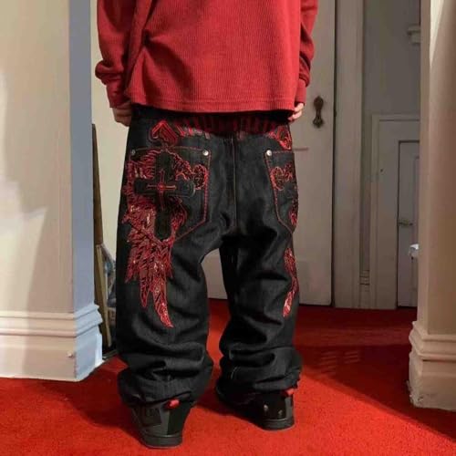 Men's Hip-hop Retro Skull Embroidered Washed Denim Pants Y2K Jeans Gothic Straight Tube Loose Wide Leg Pants2