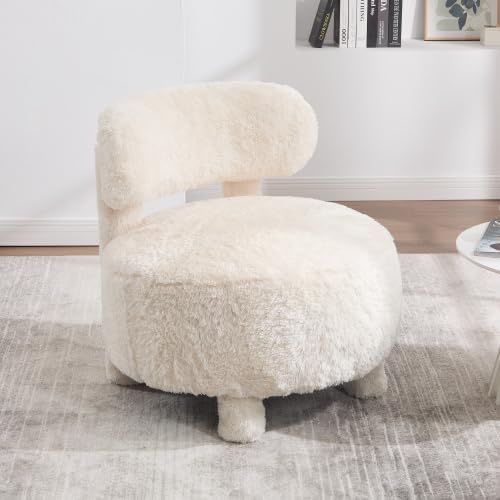 FOXHUNTER Armless Single Sofa Chair,Boucle Upholstered Barrel Back Accent Chair,Comfortable Round Seat for Living Room, Bedroom, Office, Fur White