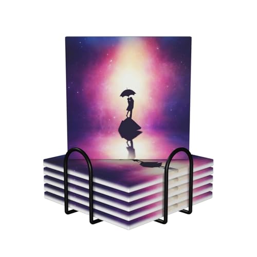 Image of Anime Lovers 6-Pack Ceramic Coasters With Cork Backing Black Metal Holder,Stylish Printed Drink Coasters Set For Home, Office