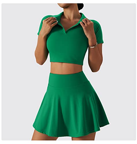 2 Piece Tennis Dress for Women High Waist Pleated Tennis Skirt with Shorts Short Sleeve Crop Golf Workout Skirts Sets2