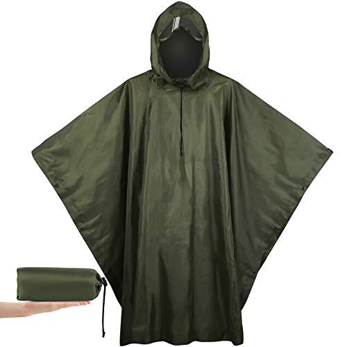 Fousam Camo Poncho, Waterproof Ripstop Hooded Raincoat Lightweight Packable Rain Cover for Hunting Camping Backpacking Emergency Tent Shelter Army Green