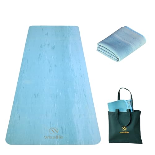 Image of Wiselife Travel Yoga Mat Portable Anti-Slip Sweat-Resistant Natural Rubber Yoga Mat with Carry Strap Eco-Friendly Lightweight for Home Gym Travel for Men & Women Blue 2mm