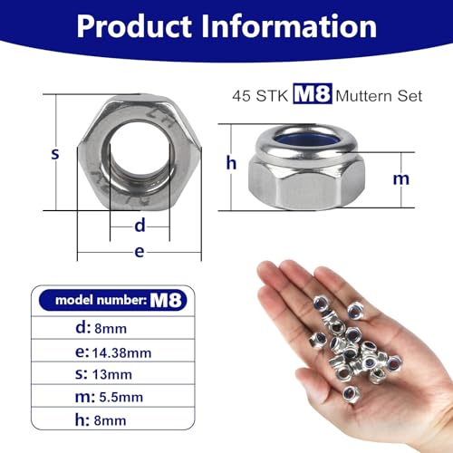 Muttern M8 Edelstahlmuttern, 45 Stück Sechskantmuttern, Selbstsichernde Muttern, Sicherungsmuttern, Edelstahl Mutter, Kontermuttern Stoppmuttern Set für Schrauben Muttern