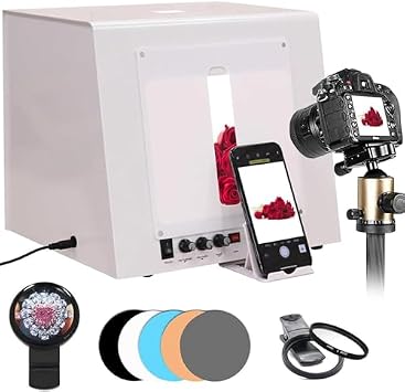 Portable Photo Studio Light Box Kit, Dimmable Jewelry Photography Softbox with Electric Turntable, 4 LED Lights, 5 Backdrops & Star Filters for Professional Photography & Video, TB20