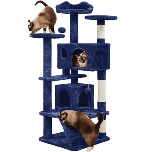 Yaheetech Albero Tiragraffi per Gatti 139 cm con 3 Pali Graffiatoi 3 Posatoi 2 Grotta 2 Pompon in Peluche a Più Livelli Giocattolo Gioco Blu Marino