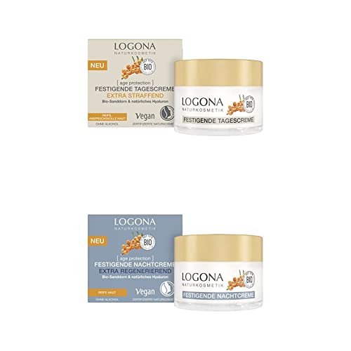 LOGONA Naturkosmetik Anti-Aging Gesichtscreme für reife Haut, Straffende Tagescreme mit veganer Formel, Mit Bio-Sanddorn und Hyaluron, 50 ml + Anti-Aging Nachtcreme, Regenerierende Gesichtspflege