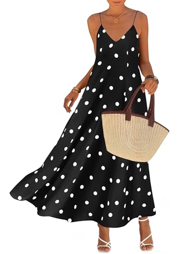 Image of KIRUNDO Womens Polka Dot Spaghetti Strap Flowy Maxi Dress | Sleeveless V Neck Boho Long Dresses, 2026 Summer Beach Vacation Cruise Outfits, A-Line Backless Sundress With Pockets