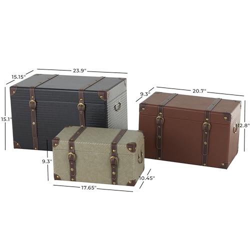 Image of Deco 79 Wooden Decorative Trunk Vintage Studded Woven Storage Decorative Large Boxes with Brown Buckle Straps, Set of 3 Storage Trunks 24 inch, 21 inch, 18 inchH, Multi Colored