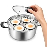 Egg Poacher Pan, Egg Poacher, Stainless Steel, 4 Cups Egg Cooker, Tempered Glass Lid, Ideal for...
