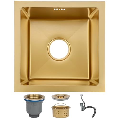 SXDMOUBK Fregadero de Bar/preparación de Acero Inoxidable Dorado, de un Solo Seno, para instalación empotrada o bajo encimera, Hecho a Mano con Revestimiento nanotecnológico de fácil limpie