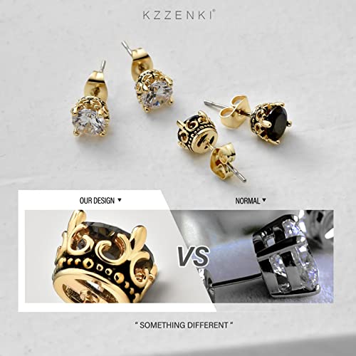 Black and Gold Earrings for Men Women, Retro Crown Hypoallergenic Stainless Steel Cubic Zircon Stud Earrings4
