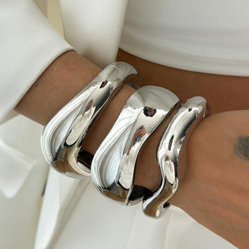 Gold Bangle Bracelets for Women Trendy Chunky Wide Cuff Stackable Bangles Irregular Minimalist Jewelry Accessories3