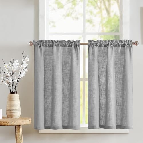 TOPICK Rideaux de Cuisine Court Moderne Gris 65LX60H cm, Rideau sous Evier Cuisine Translucide, Brise-Bise à Passe Tringle Moderne Decoration d'Interieur pour...