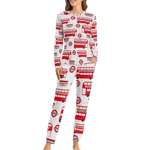 Pyjama femme bus rouge ensemble de nuit anti-froid manches longues et pantalon