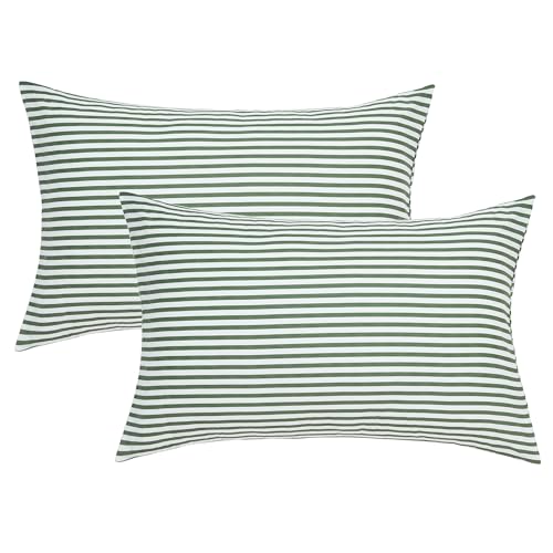 JELLYMONI 100% Natural Cotton Striped Standard Pillowcases Set, 2 Pack White and Green Stripes Pattern Printed Pillow Covers with Envelope Closure(Pillows are not Included)