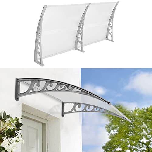 YIMING Auvent de Porte d'entrée, Longueur 200 cm (78,74''), Marquise de Porte et Fenêtres, Auvent de fenêtre en Polycarbonat, UV Protection, Pluie et Neige Protection (Gris-Blanc, 98×200×25 cm)