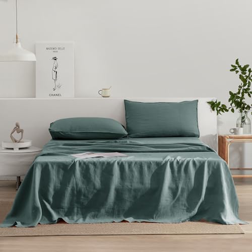 EVERLY Linen Sheets California King Size,100% Stonewashed French Linen Sheets Deep Pocket Sheets,4Pieces (1Flat Sheet,1Fitted Sheet,2Pillowcase) Natural Flax Soft and Breathable for Hot Sleepers-Aqua
