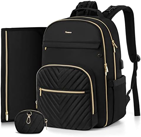 MOMUVO Diaper Bag Backpack, Quilted Baby Bag with Changing Pad & Stroller Straps & Pacifier Case, Large Travel Diaper Bags for Mom Dad, Black