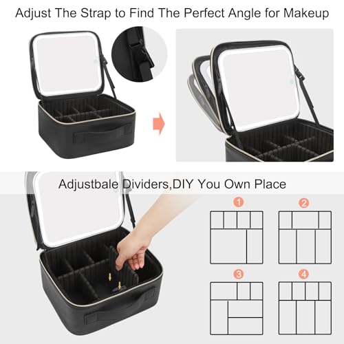Monstina Makeup Bag With Led Mirror,Makeup Case With Lighted Mirror Professional Makeup Artist Organizer Travel Bag With Adjustable Dividers,3 Light Brightness,Black thumb #2