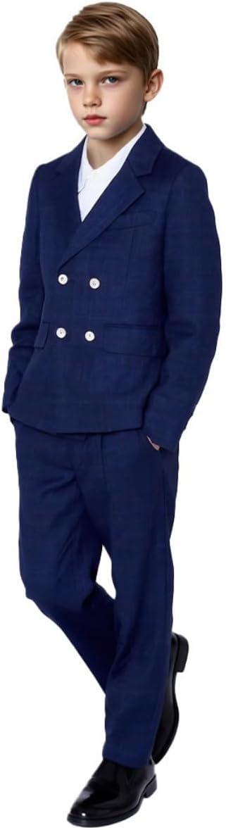 Mi Bo Tong Boy's 2 Piece Linen Boys Tuxedo Suit Boys Jacket Vest Pants for Toddler Teenage Double Breasted Suit for Boys
