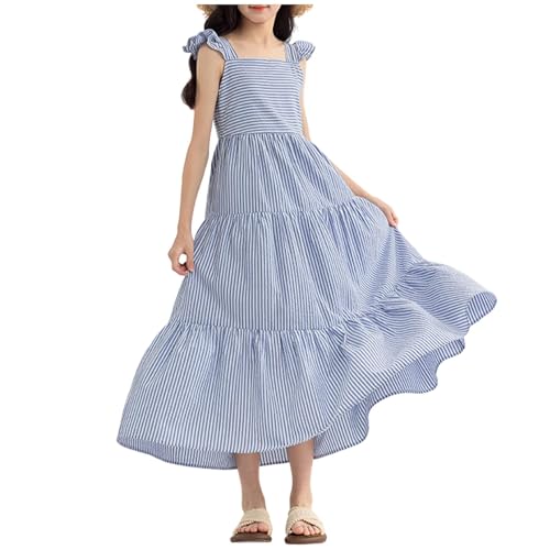 Image of duxyoz Girls Maxi Summer Dress Striped Ruffle Sleeveless Tiered Sundress Tween Boho Casual Square Neck Flowy Long Dresses Straps A-Line Swing Cami Dress Holiday Vacation Birthday Age 7-8 Years A Blue