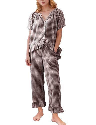 Flygo Womens Plaid 2 Piece Pajamas Sets Gingham Button Down