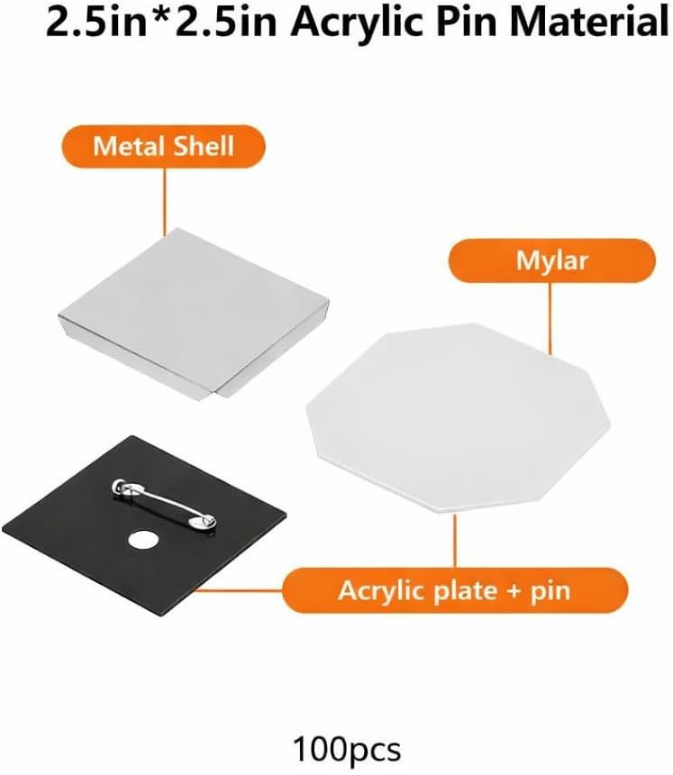 100 Set Acrylic Pin Materials Kit, DIY Photo Fridge Magnet Making Supplies, Transparent Film + Metal Shell + Magnet + Acrylic Board Compatible 2.5x2.5 Inch (63.5x63.5mm)