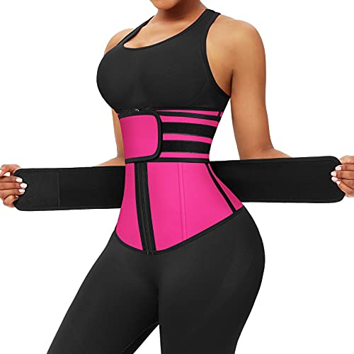 FeelinGirl Waist Trainer for Women Plus Size Corset Waist Trainer for Lower Belly Fat Workout Waist Trimmer for Long Torso, Pink-(2 Belt,7 Steel Bones,ykk Zipper), XL
