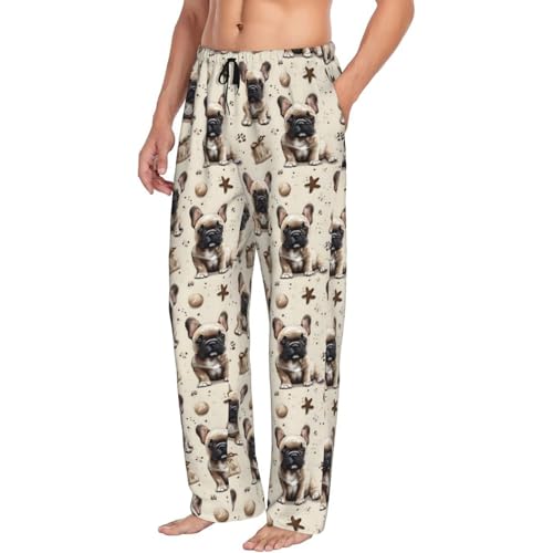 Mens Pajama Pants - Brown Cute French Bulldog Print Soft Sleep Lounge Pants For Men, Casual Pj Bottoms With Pockets
