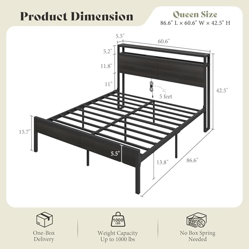 Image of AMERLIFE Queen Size Bed Frame with Storage Headboard & Charging Station, Industrial Metal Platform Bed with Large Under-Bed Storage, Heavy Duty Slats, No Box Spring Needed, Black