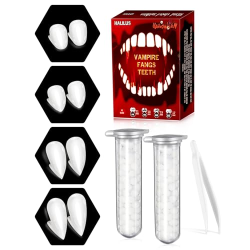 halilus Vampire Teeth Halloween Decorations Party Cosplay Props 4 Pairs 4Size Vampire Fangs Fake Teeth with 2 Tube Teeth Adhesive Halloween White Favors Accessories Gift