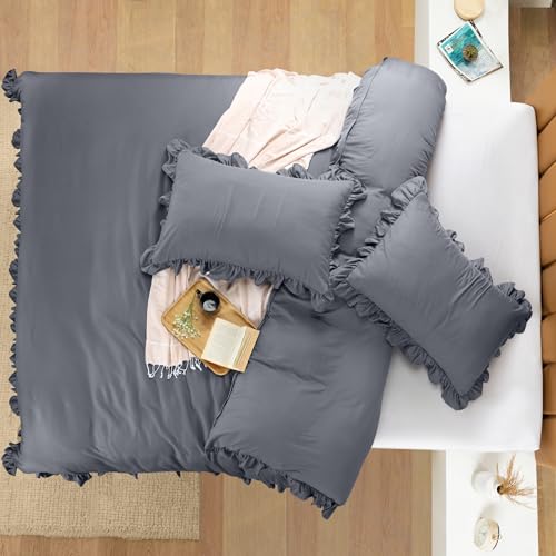 Utopia Bedding Rüsche Bettwäsche 200x200 Set, Grau | Mikrofaser Bettbezug 200x200 cm + 2 Kissenbezüge 80x80 cm - Bild 2