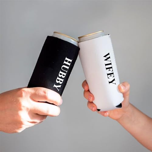 Image of PartyGifts&beyond Honeymoon Essentials Hubby and Wifey Gifts Slim Can Coolers Wedding Can Coolers Engagement Gifts for Couples(HW-TR)