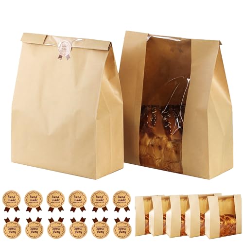 Bread Bags for Homemade Bread with Stickers, 50 Pack Sourdough Storage Brown Paper Bags, Cookie Packaging Bakery Bags with Clear Window for Sandwich, Baked Food Storage, Bags(13.77x8.26x3.54 Inch)