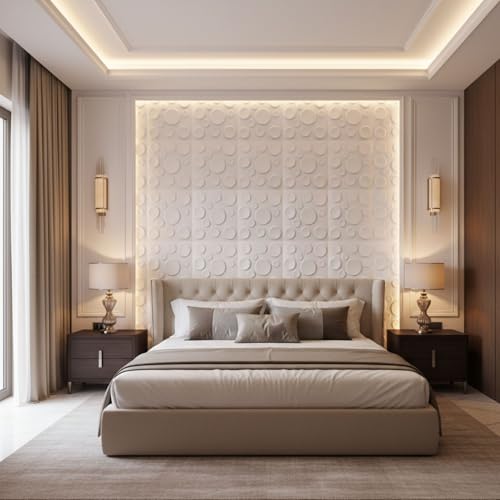 Image of Kayra Decor 3D PVC Wall Panels Moon Design - White Color | 19.7 inch x 19.7 inch (Pack of 12) - Covers 32.28 Sq. Ft | Premium Home & Office Wall Decoration