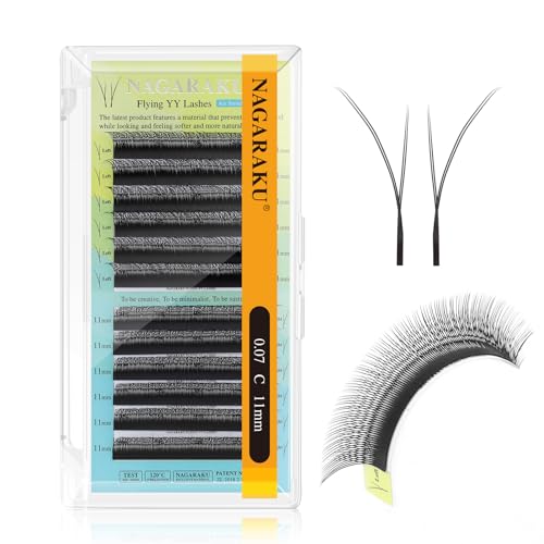 NAGARAKU Ciglia Fox YY 4D Volume Forma YY Punta Doppia Ventagli Prefabbricati Morbide Leggere Naturali Effetto Eyeliner Effetto Fox Cat Eye Sguardo Allungato Per Lash Artist Nero Opaco (0.07 C 11mm)