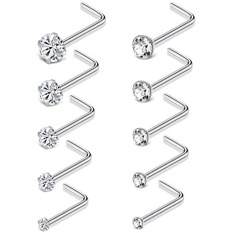 Tornito 20G 10Pcs Stainless Steel L Shaped Nose Studs Rings CZ Nose Ring Labret Nose Piercing Jewelry for Men Women Silver Tone 1.5mm-2mm-2.5mm-3mm-3.5mm CZ Cover