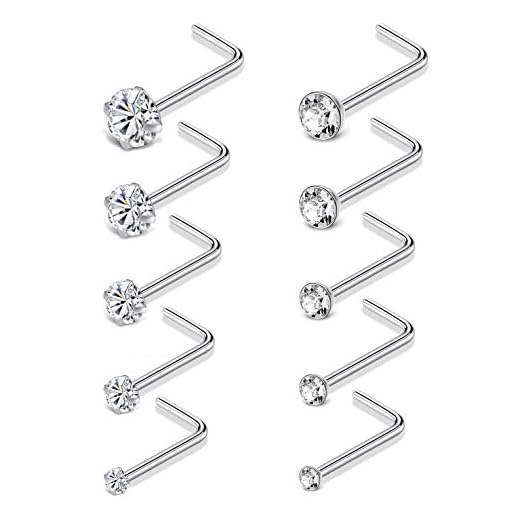 Tornito 20G 10Pcs Stainless Steel L Shaped Nose Studs Rings CZ Nose Ring Labret Nose Piercing Jewelry for Men Women Silver Tone 1.5mm-2mm-2.5mm-3mm-3.5mm CZ