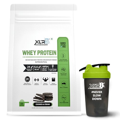 Image of XLR8 Whey Protein Powder with 24 g Protein Content & 5.4 g BCAA, With Shaker (1814 g (Pack of 1), Cookies & Cream)