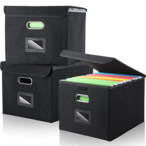 Amylove 3 Packs Collapsible File Storage Boxes With Lids, 15X12.8X10.8 Inch Linen Office Document Storage Box File Boxes With Plastic Slide For Hanging Letter/Legal Folder, For Home/Office Cabinet #TOP22