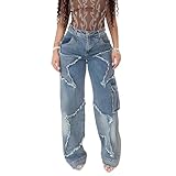 CHEZVOGUE Women's High Waist Baggy Ripped Denim Jeans with Star Tassel Frayed Details Y2K Straight Leg Casual Jeans Blue