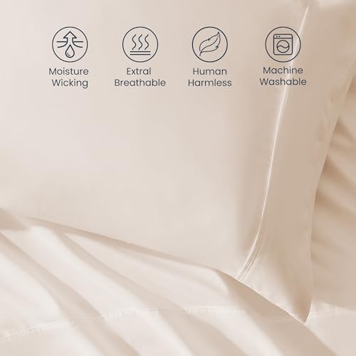 SLEEP ZONE Nanotex Super Soft Cooling Full Size Bed Sheets Set 4 Piece - Easy Care Fitted Flat Sheet & Pillowcase Sets - Wrinkle Free, Fade Resistant, Deep Pocket 16" (Beige, Full)