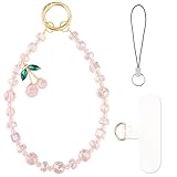 HONZUEN Handykette Perlen Kurz, Charms Anhänger Handy Kette mit Bunte Kristallperlen, Anti-Drop Handy Anhänger & Wrist Strap für Damen und Mädchen, Cute Phone Charm Zubehör, Rosa Kirsche