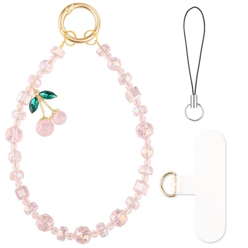 HONZUEN Handykette Perlen Kurz Charms Anhänger Handy Kette mit Bunte Kristallperlen Anti-Drop Handy Anhänger & Wrist Strap für Damen und Mädchen Cute Phone Charm Zubehör Rosa Kirsche