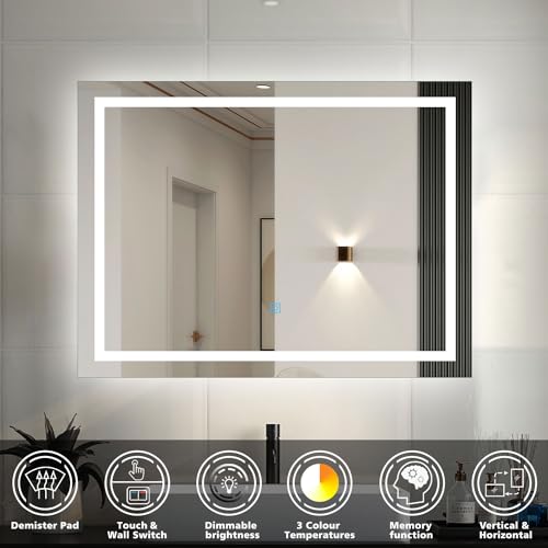 Bathroom Wall Mirror with LED Lights,900x600mm Wall Mounted Vanity Mirror Dimmable Switch 3 Colors and Demister Pad, Horizontal - Image 2