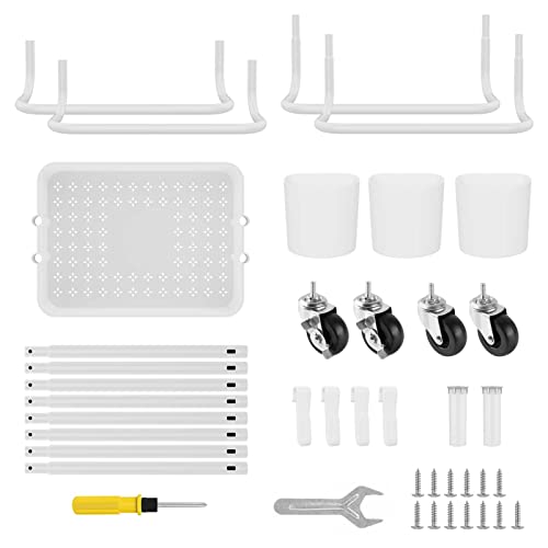 Lehom 3-Tier Rolling Utility Cart With Hanging Cups & Hooks & Handle, Multifunctional Art Cart Organizer Storage With Wheels, Easy Assembly For Office, Bedroom, Kitchen, Bathroom, Laundry (White) #TOP7