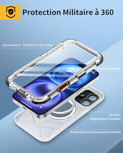 Coque iPhone 16 étanche Lanhiem protection intégrale antichoc et compatible MagSafe noir - 4