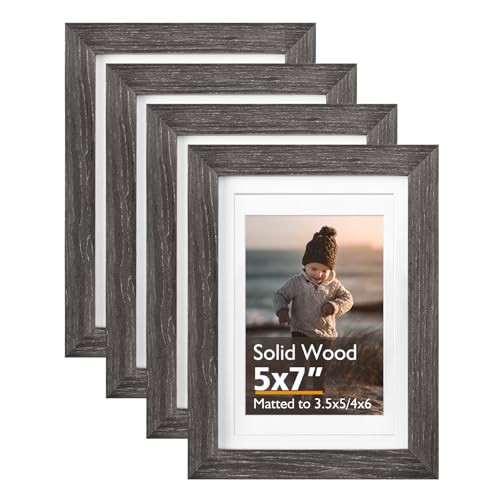 KINLINK 5x7 Picture Frame Ash Black, Solid Wood Frames with Acrylic Plexiglass for 3.5x5/4x6 with Mat or 5x7 without Mat, Tabletop and Wall Display Photo Frame, Set of 4
