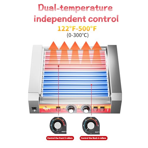 Image of 1670W Commercial Hot Dog Rollers,11 Rollers 30 Hotdog Roller Grill,Stainless Steel Hot Dog Machine with Dust Cover,Hot Dog Roller Machine with Dual Temp Control and Led Light (Red)